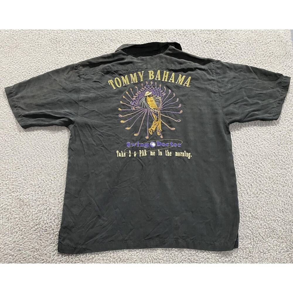 Tommy Bahama Shirt Mens Medium Black Swing Doctor Golf Embroidered Camp Rayon